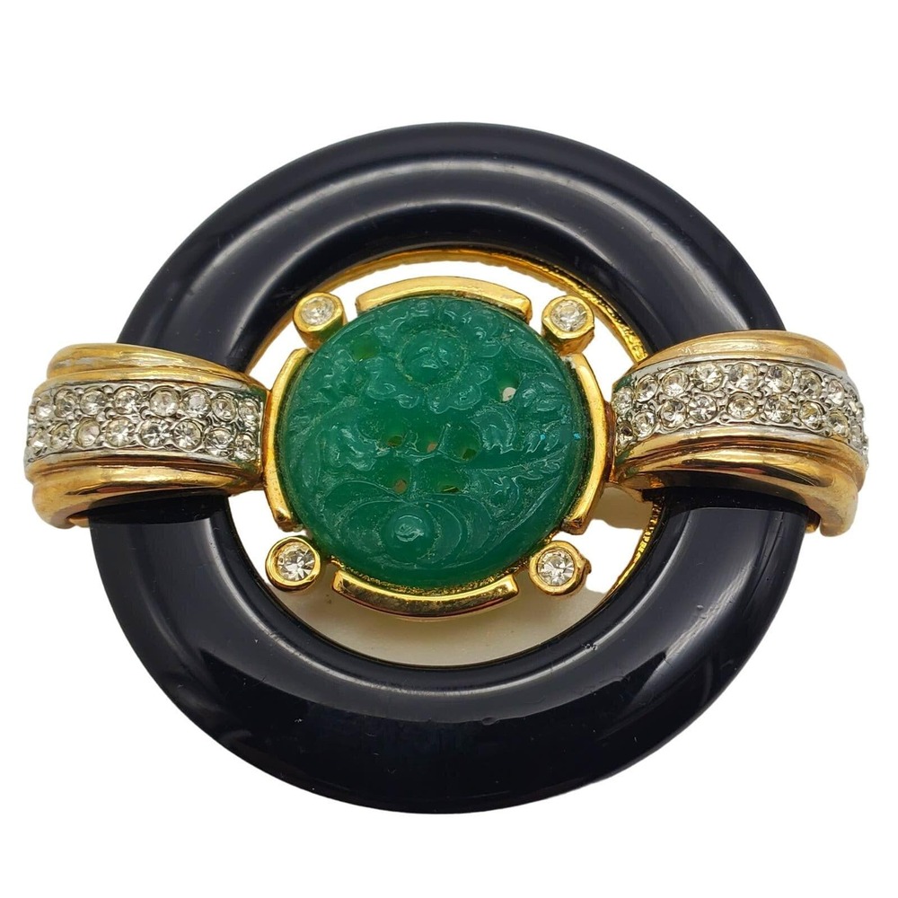Gem Craft Green & Black Brooch Deco Carved Stone‎ Pave Crystal Faux Jade Pin Vtg